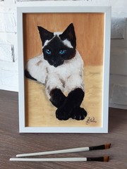 Siamese Cat Original Painting Pet Art Framed 12 by 9 Cat Blue Eyes Oil Painting