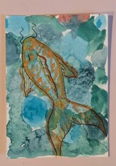 ACEO Original Art Card Watercolor Painting whimsical fish abstract 2.5 x 3.5