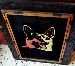 Vtg GERMAN SHEPHERD DOG Original BLACK VELVET OIL PAINTING Carved Wood Frame 25″