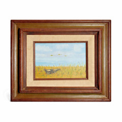 Vintage Mexican Oil Painting Coastal Landscape Ducks Mid-Century Wood Frame