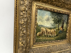 19th Century Barbizon Oil on Canvas – Muttons Shepherd and Sheeps in Countryside