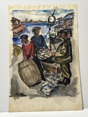 Antique New Jersey Painting Black Fisherman Fish Market Maurice Bilton Rare
