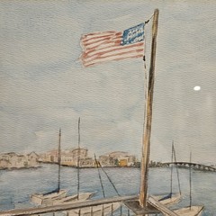 VTG Signed Original Watercolor Coastal Town w/ Boats Flag Framed Beach Patriotic