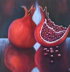 Original Art Oil Painting Red Pomegranates on Canvas 30x30cm Fruits Still Life