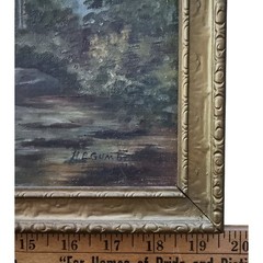1912 Painting B – Water Boat w Man Stone Bridge Clouds Landscape Low Light 20×10