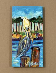 Pelican on a Piling Wood Panel Painting by Ginger Woechan, Signed~ 6”x12”