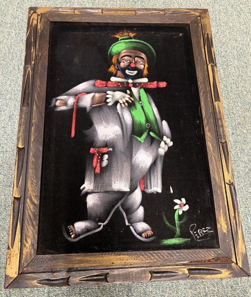 Vintage CLOWN Black Velvet Felt Painting Framed