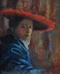 Antique Oil On Wood Portrait Of Lady in Red Hat After Vermeer UK Fine Art Label
