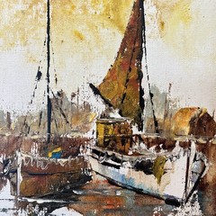 Vintage 1960’s Italian Oil Painting Boats In Harbor Scene Framed and Signed