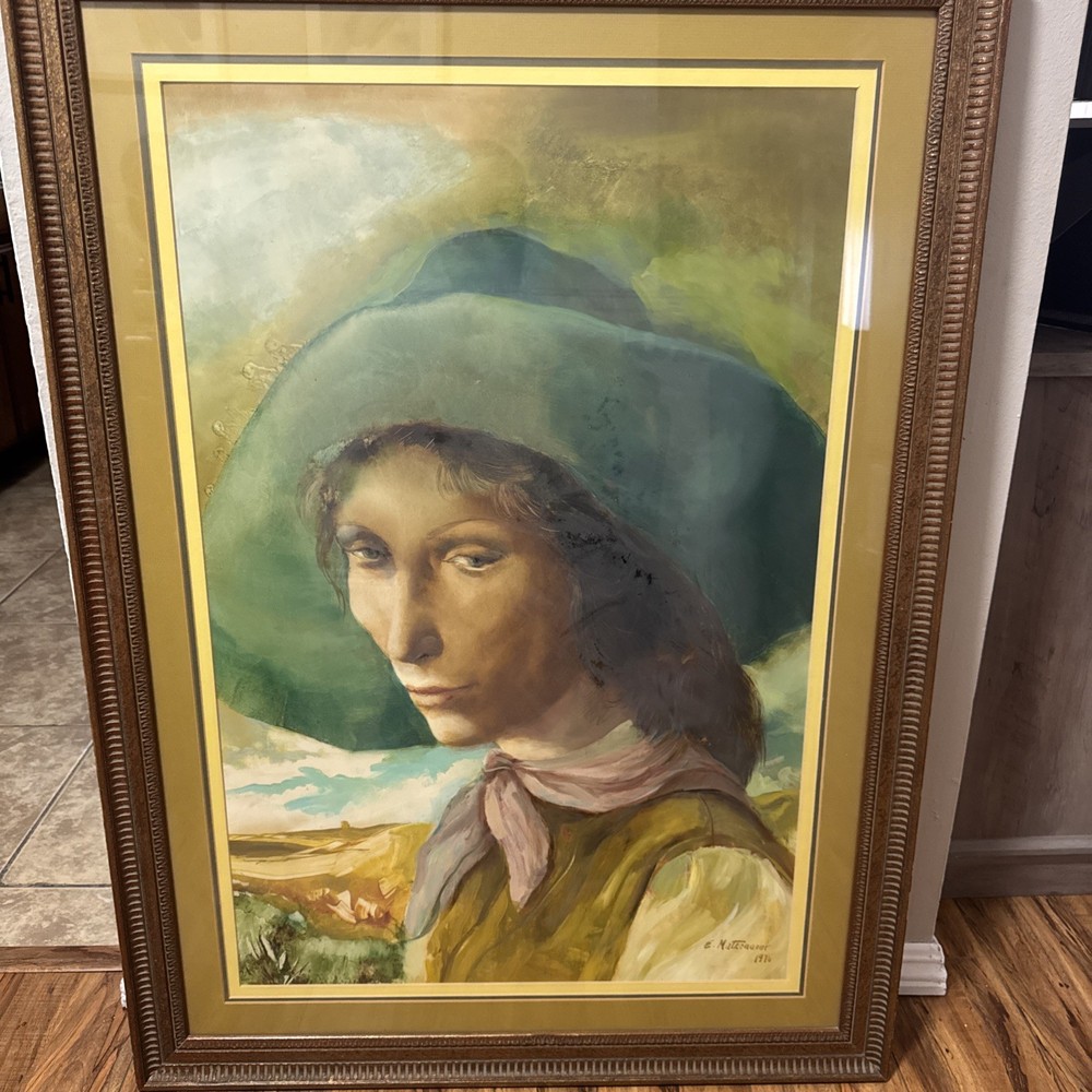 Original 1976 E. Matzenauer Painting – Portrait of Woman in Green Hat –42”-30”