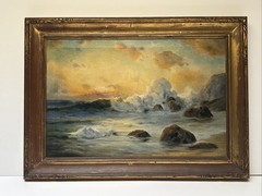 Antique California Painting Beach Sunset Coastal Waves Rocks Angel Espoy Large