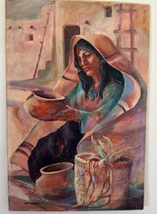 Vintage Southwestern Painting by Marty Pray-Stanard Woman Pottery Desert 24×36