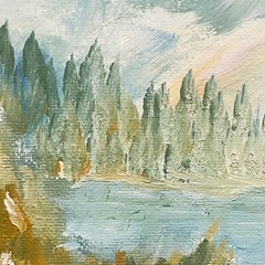 Oil Painting Wyoming Spring forest Lake mountains snow Signed Denninger 1966 Vtg