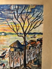Vintage „Men By The Sea Scene“ Primitive Watercolor Painting – Signed And Framed