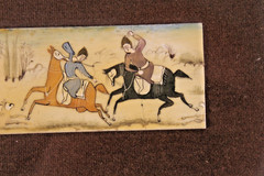 VTG Persian Painting Camel Bone Khatam Inlaid Wood Marquetry Frame Hunting bow