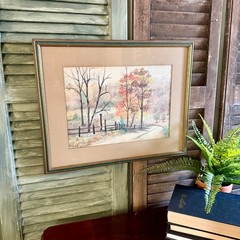 Autumn Fall Landscape Country Road Original Watercolor Painting Framed Signed 🍂