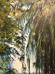 Vintage Original African Art Jungle Forest Landscape Painting Trees People River