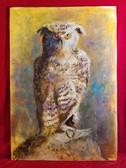 MCM Original Horned Owl Oil Painting On Canvas Signed 15×22” vtg Antique Animal