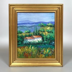 Vintage French Oil Painting Landscape Provence Farm Cypress Trees Poppies Birds