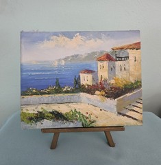 Original Mediterranean Seaside Sail Boats Oil Painting Small Canvas 8″ x 10″