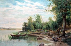Man fishing on the boat by the lake Oil painting Art Printed on canvas L2526