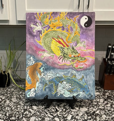 16×20 Fantasy Dragon & Koi Fish Yin Yang Print Unframed