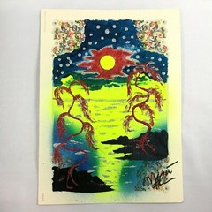 Signed Original MIRA PARIS Mixed Media Artwork Painting Trees Sun Sunset Stars