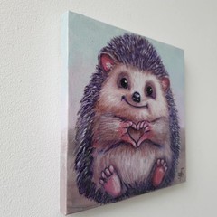 Original Acrylic Painting Cute Hedgehog Heart Love Small Hand Painted Canvas Art