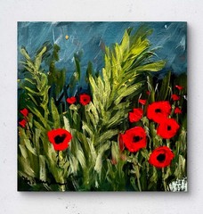 Red Poppy Meadow Textured Painting Original Hand Painted on wood cradled panel