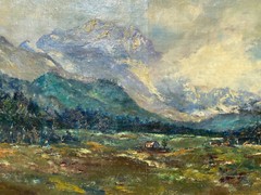 Oil Painting Undeutl. Sign Mountain Landscape With Forest Alpine Hut On Clearing