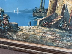 Antique ITALIAN LAKE LANDSCAPE VILLA SIGNED R.BURTON OIL PAINTING, Large 44”x32