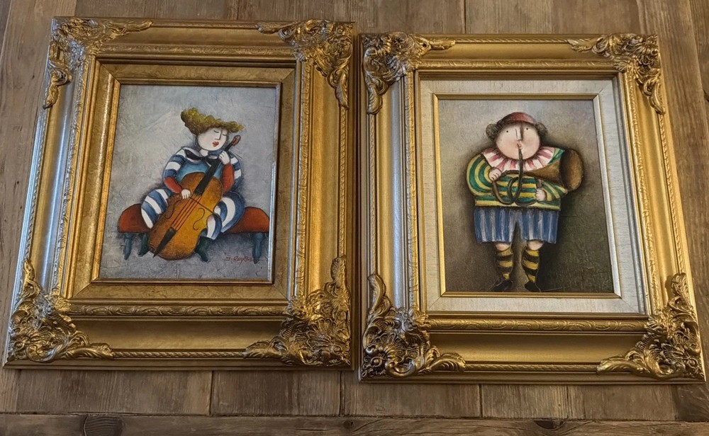 Lot 2 Signed J. Roybal Oil Paintings Lady Cello & Horn Whimsical Original Framed
