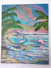 Original Acrylic Painting 8×10 Canvas Sea Birds Pelican Flamingo Art Decor