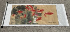 Chinese Fengshui Koi Fish Color Ink Scroll Painting Quality Large Wall Art
