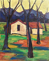 Houses Behind the Trees 22 x 18 Fauvist Oil Painting-1950s-Maxim Bugzester