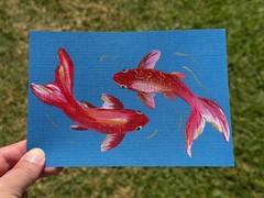 Original Acrylic Painting Koi Fish Mini Artwork Small 4.5 x 6.5 in Card Minimal