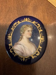 Antique Porcelain Plaque Painting Portrait Young Lady Flowers in Gold Blue Frame