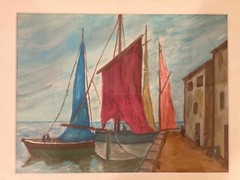 Vintage Oil Painting Greek Fishing Boats Framed 16” by 13”