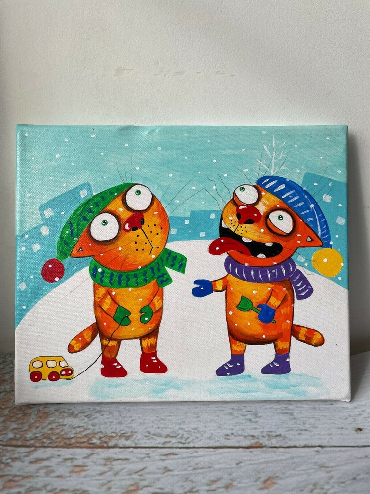 Christmas .Cats. Acrilyc on canvas 20×25 cm Hand Painted style Vasya Lozhkin