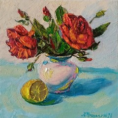Roses Impasto Painting Original Art Impression Oil Painting 9.8 x 9.8 in