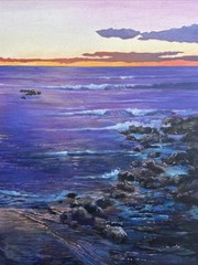 SUNSET BEACH PAINTING LARGE 24 BY 36″ COASTAL LANDSCAPE SEASCAPE EVENING HAO
