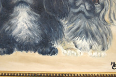 VTG 60S FRAMED ORIGINAL OIL PAINTING OF BLACK AND GRAY PEKINGESE DOGS ARTIST: ME