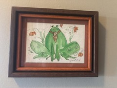 OOAK Vintage Frog Watercolor Painting Hearts Flowers Signed Framed Matted 9×7”