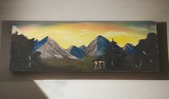 Realism Oil Painting on Canvas – Mountain Landscape, Cabin & Trees, Signed