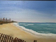 Small R Wilson 1987 „Dog On Beach Scene“ Mixed Media Painting – Signed/Framed
