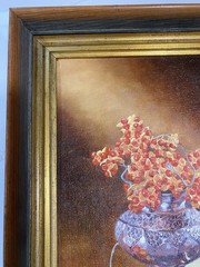 Original Oil Painting Still Life Wooden Frame Berries And Silver Urn