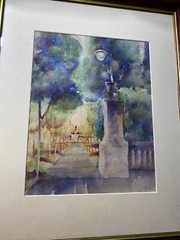 „City Park Entrance And Landscape Scene“ Watercolor Painting – Framed
