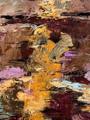 ABSTRACT MODERNIST LANDSCAPE PAINTING W/ GOLD LEAF SIGNED DIANA MULDER? 24″