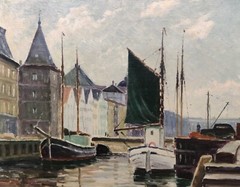 Einar Gross (1895-1960): BOATS IN CITY CANAL, original oil painting