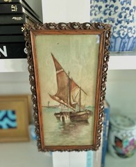Original 1880s Watercolor of a Sailboat in a Harbor / Set in Antique Wood Frame